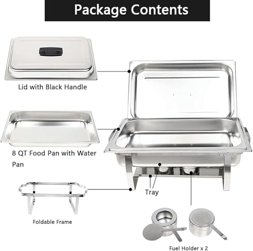 AFLEPCBRQ 4er-Pack rechteckiger Chafing Dish aus Edelstahl, 8QT Chafer Dish und Buffetwärmer-Set, Tablett mit faltbarem Rahmen, Wasserpfanne, Lebensmittelpfanne, Brennstoffhalter und Deckel (Silber) – Bild 4