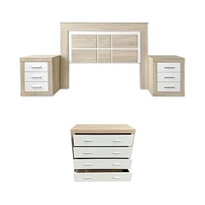Set Completo de Dormitorio Kiara: Cabecero de Matrimonio, 2 Mesitas de Noche y Cómoda de 4 Cajones - Diseño Moderno y Elegante en Blanco y Cambria, Almacenamiento Funcional