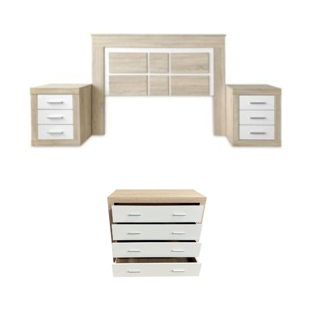 Set Completo de Dormitorio Kiara: Cabecero de Matrimonio, 2 Mesitas de Noche y Cómoda de 4 Cajones - Diseño Moderno y Elegante en Blanco y Cambria, Almacenamiento Funcional