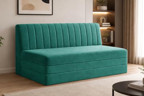 Image of 3-Seater Velvet Sofa Cum Bed | Convertible Sleeper Sofa | Modern Foldable Couch for Living Room, Bedroom & Office | Green