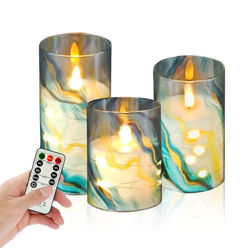 Image of Printed Flameless Candles with String Lights - Set of 3 Battery Operated Candle Flickering Floral LED Pillar Candles with Timer Remote for Home Decor Romantic Ambiance,BG