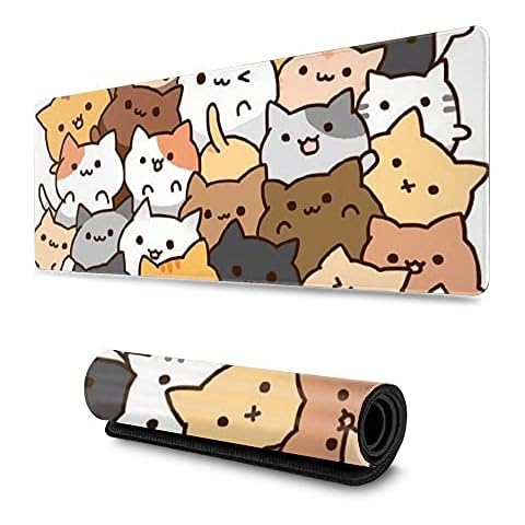 Cartoon Cat Gaming Mouse Pad Large Desk Mat XXL Mousepad Big Extended Waterproof Keyboard Pads with Non-Slip Rubber Base and Stitched Edge for Computer Game Players Office Home Study 31.5x11.8 Inch Cover