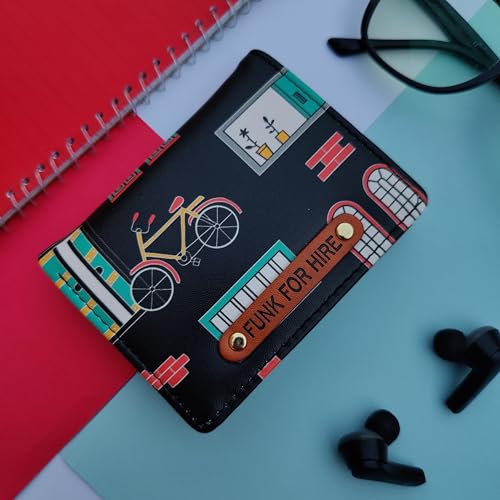 Image of Funk For Hire Black Faux Leather Unisex Mini Card Holder Wallet Bifold Slim Compact Wallet with 6 Card Slots Cash Compartment and Zippered Coin Pouch Casual Stylish