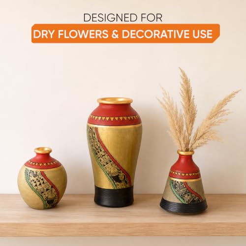 Image of Aakriti Art Creations Mud Red Earthen Miniature Vases with Madhubani Art Set of 3 | Hand-Painted Terracotta Flower Vases | Matte Finish Decorative Vases for Living Room, Table Decor & Gifting
