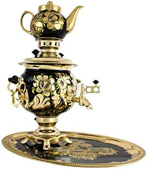 Samovar electric 3 liters "Round" in the set "The Rooster on the Gold" hand-painting, Tula Manufacturer, Russian Gift