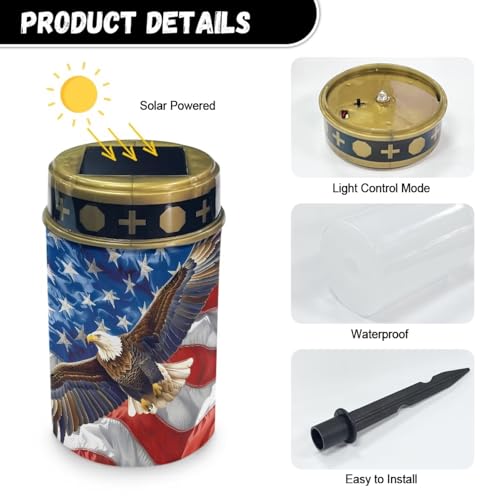 Image of Poceacles Eagle American Flag Pattern Solar Lights Outdoor Waterproof Grave Lights for Cemetery LED Flameless Candle Cemetery Solar Pillar Candles Outdoor Decor