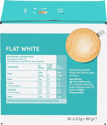 Image of NESCAFE Dolce Gusto Flat White Coffee Capsules - 16 Pods (187.2g) - Smooth & Creamy Coffee with Milk, Arabica & Robusta Blend, Cafe-Style Flat White, Compatible with Dolce Gusto Machines, By Cougar - (IMPORTED-UK)