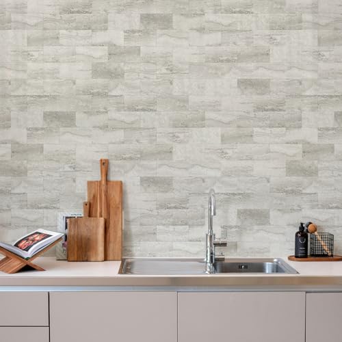 Vamos Tile 100-Piece Matt Beige Mixed Grey Slate Peel and Stick Backsplash Seamless Tile,3''x6'' PVC Subway Tile,Stick on Backsplash for Kitchen/Bathroom/Laundry Room by Vamos Tile - Used condition - Image 7