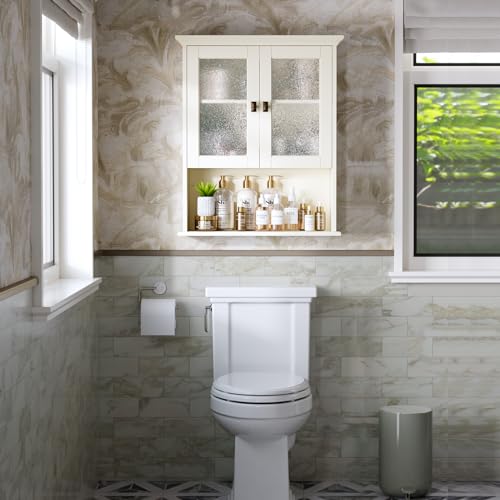Wall-Mount-Bathroom-Storage-Cabinet-Medicine-Cabinet-with-Tempered-Glass-Door-and-Buffering-Hinge-Over-Toilet-Storage-Cabinet-Wall-Mounted-Organizer-Above-Toilet-Storage-Cabinet-Cream-White Wall Mount Bathroom Storage Cabinet Medicine Cabinet with Tempered Glass Door and Buffering Hinge Over Toilet Storage Cabinet Wall Mounted Organizer Above Toilet Storage Cabinet Cream White
