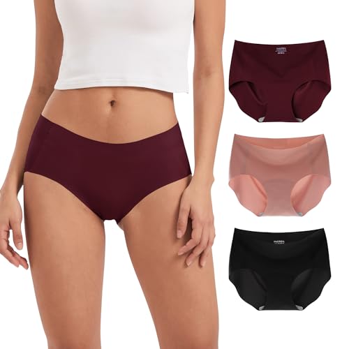 INNERSY Bragas Mujer sin Costuras Comodas Culotte Hipster Microfibra Braguitas Invisibles 3 Pack (XS, Rosa+Negro+Rojo Oscuro)