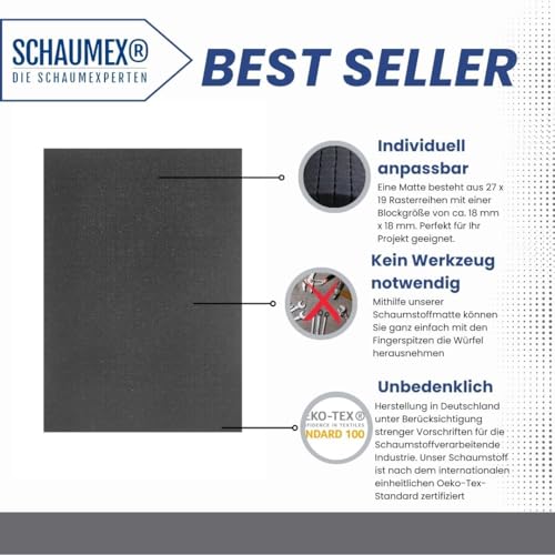 MC-CASES Rasterschaumstoff Würfelschaum Zupfschaum Werkzeugkoffer Kamerakoffer Schaumstoff 500mm x 350mm x 45mm