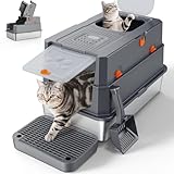 FURTIME Stainless Steel Litter Box with Lid, Large Enclosed Cat Litter Box for Big Cats, Metal Cat Box with High Sided Enclosure & Scoop, Front & Top Entry, Odor Free, Anti-Leakage, Grey