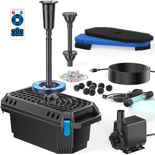 POPOSOAP Pond Filter with U-V Clarifier, 660GPH 40W Pond Pump and Filter Kit with RGB LED Lights, All-in-One Pond Fountain for Outdoor Ponds Up to 1300 Gallons P2360 660GPH with U-V & LED Li