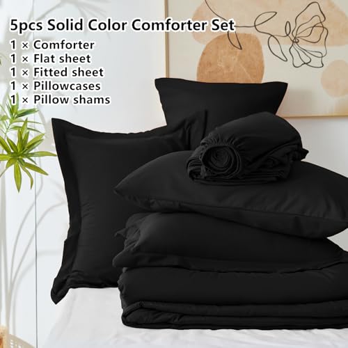 CozyLux Twin Comforter Set Black, 5 Pieces Bed in a Bag Twin Comforter Set with Sheets, All Season 5PC Bed Sets with Down Alternative Comforter, Fitted Sheet, Flat Sheet, Pillow Sham and Pillowcase
