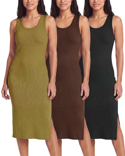 Image of Real Essentials 3 Pack: Women's Ribbed Knit Sleeveless Crew Neck Tank Casual Midi Shift Dress with Slit