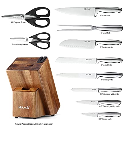 Mccook Mc35 German Stainless Steel Hollow Handle Self Sharpening Kitchen Knife Set + Mcw12 Bamboo Cutting Board (Small, 14”X10”X0.8”) #TOP2