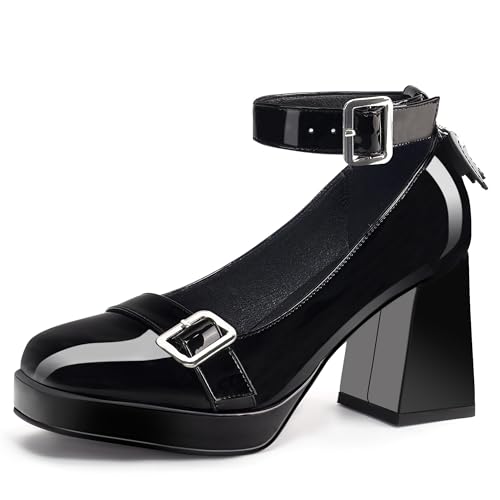 Platform Mary Jane Chunky Heels for Women Closed Toe Heart Goth Shoes Ankle Strap Patent Leather Pumps