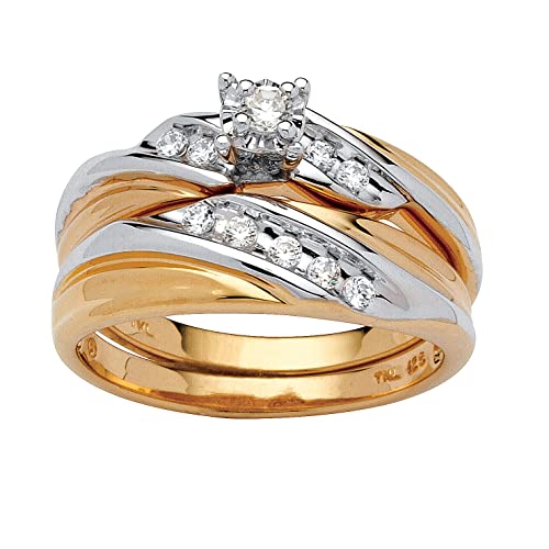 Palm Beach Jewelry Yellow Gold-Plated Sterling Silver Round Cubic Zirconia Two Tone Diagonal Bridal Ring Set
