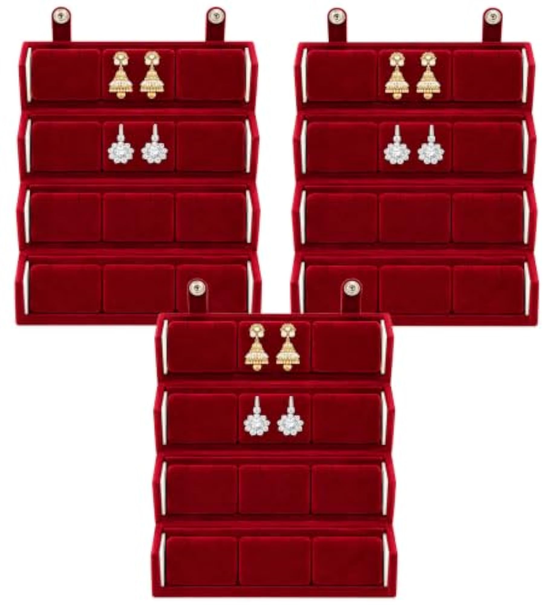 12 Pair Velvet Maroon Earring Storage Box, Pack of 3