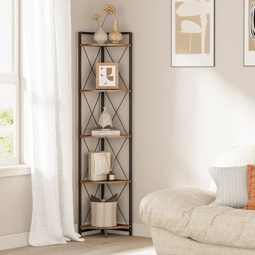 5 Tier Corner Shelf Stand 64 H Tall Corner Bookshelf Rustic Brown