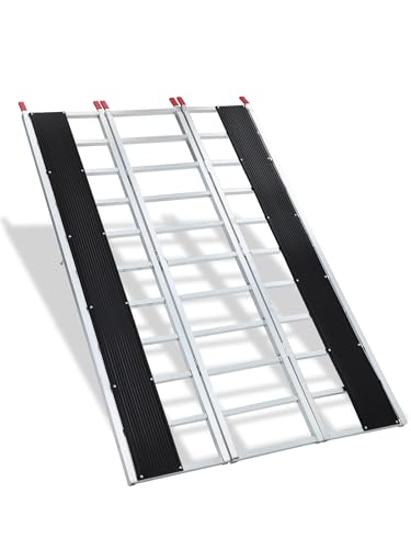 Rampa de carga triple plegable de aluminio resistente – Capacidad de 1500 lb – Resistente a la corrosión, superficie antideslizante negra en cuero, correas de seguridad y tacos – Ideal para ATV, UTV, motocicletas, motonieves y tractores de césped miniatura 7