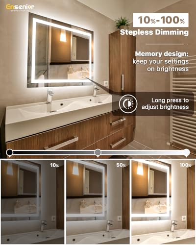 Ensenior LED Bathroom Mirror 40"x 32" with Front and Backlight, Stepless Dimmable Wall Mirrors with Anti-Fog, Shatter-Proof, Memory, 3 Colors, Modern LED Vanity Mirror-ETL & FCC