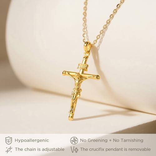 NORBU 925 Sterling Silver Crucifix Necklace for Women, 18K Gold Plated Womens Cross Pendant Necklaces with 18/20 inch Chain, Catholic Jesus Christian Jewelry Religious Gift for Her3