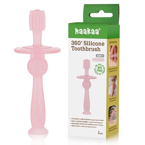 Image of haakaa 360° Silicone Baby Toothbrush – 100% Soft Food Grade Silicone, BPA-Free, Suction Base, Safe for Babies 6 Months+, Gentle Gum and Teeth Cleaning for Infants, Gum Massager (Bubble Pink)