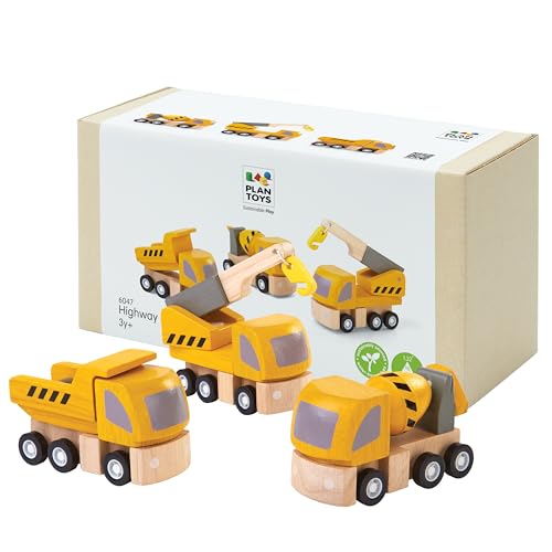 Image of PlanToys Highway Maintenance Wooden Montessori Vehicle and Imaginative Play Set | Creativity, Language and Social Skill Building Activity | Eco Friendly Construction Truck Set