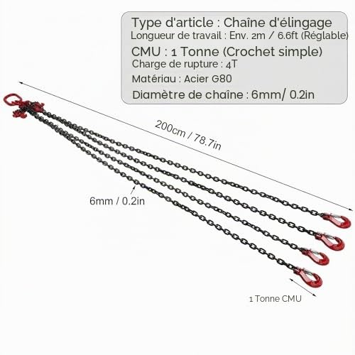 Chaîne de Suspension en Acier allié G80, 6 mm x 2 m, 4 brins (4T), chaîne de butée pour chaîne forestière