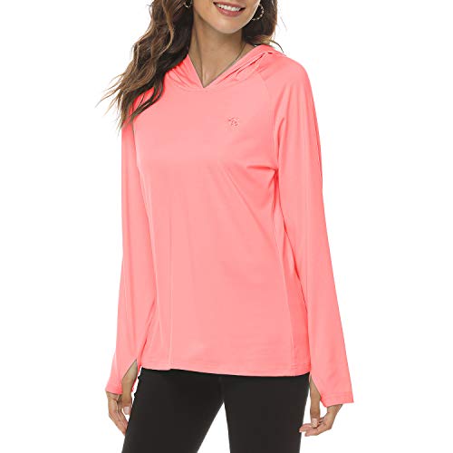 JINSHI Women’s Sun Protection Hoodie T-Shirts Active Long Sleeve Shirts Quick Dry Hiking Shirts(M,Light Orange)