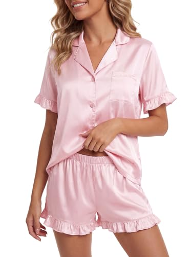 Image of Umenlele Women's 2 Piece Satin Pajama Set Cute Ruffle Short Sleeve Button Down Shirt with Shorts Summer Pjs