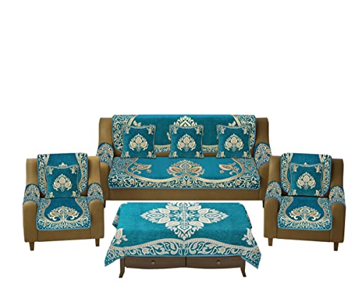 Image of Sofa Seater Slip Covers with Arm and Cushion and Table Cover - 3+2 Seater Velvet Sofa Cover Set for Single Sofa Couch - 5 Seater Sofa Seat Protector Slip and Back Covers, 2701 Sky