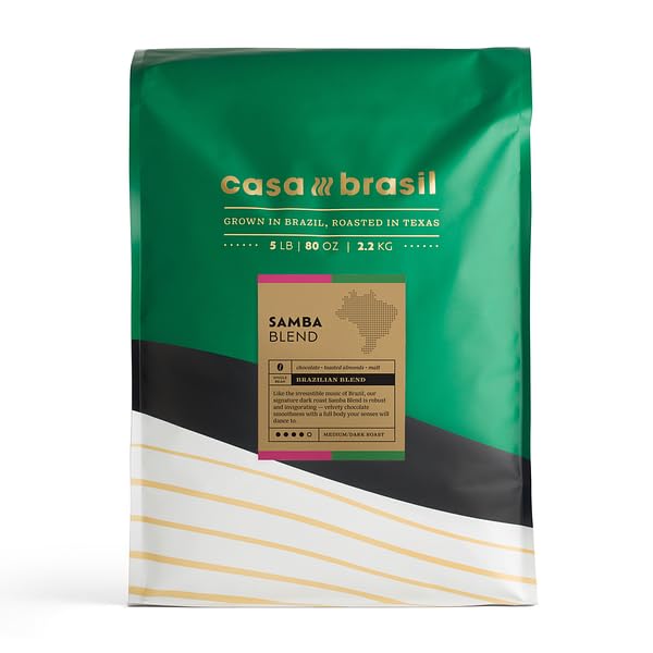 - Casa Brasil Samba Blend Whole Bean Coffee – Medium Dark Roast – Chocolate, Toasted Almond, and Malt – Brazilian Specialty Coffee – 5lb Bag