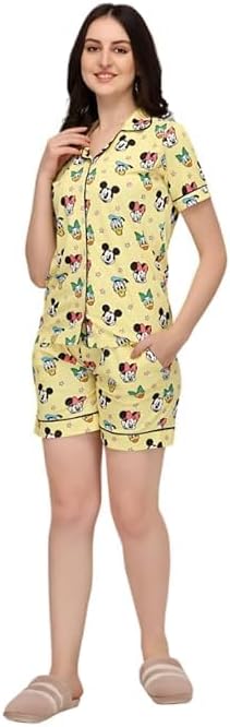 Mickey & Minnie Mouse Print Short Pajama Set for Women (Yellow, S)