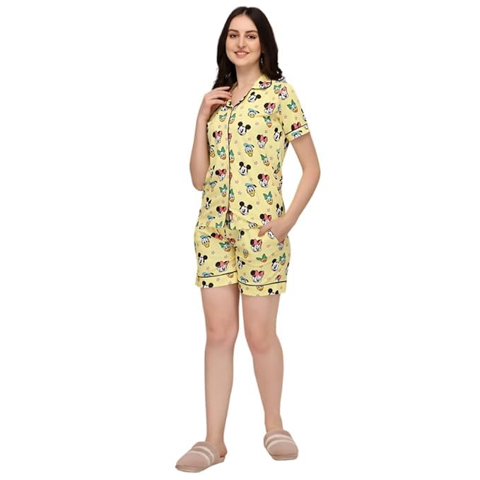 Mickey & Minnie Mouse Print Short Pajama Set for Women (Yellow, S)