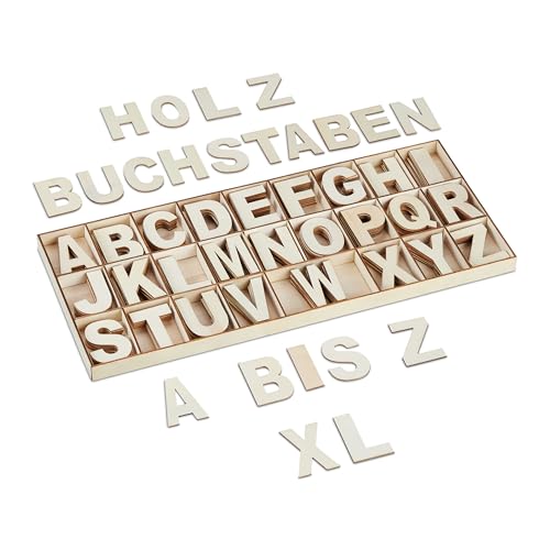 Relaxdays Holzbuchstaben Set, 208-tlg., Gro&szlig;buchstaben A-Z, Deko-Buchstaben zum Basteln & Bemalen, mit Box, Natur
