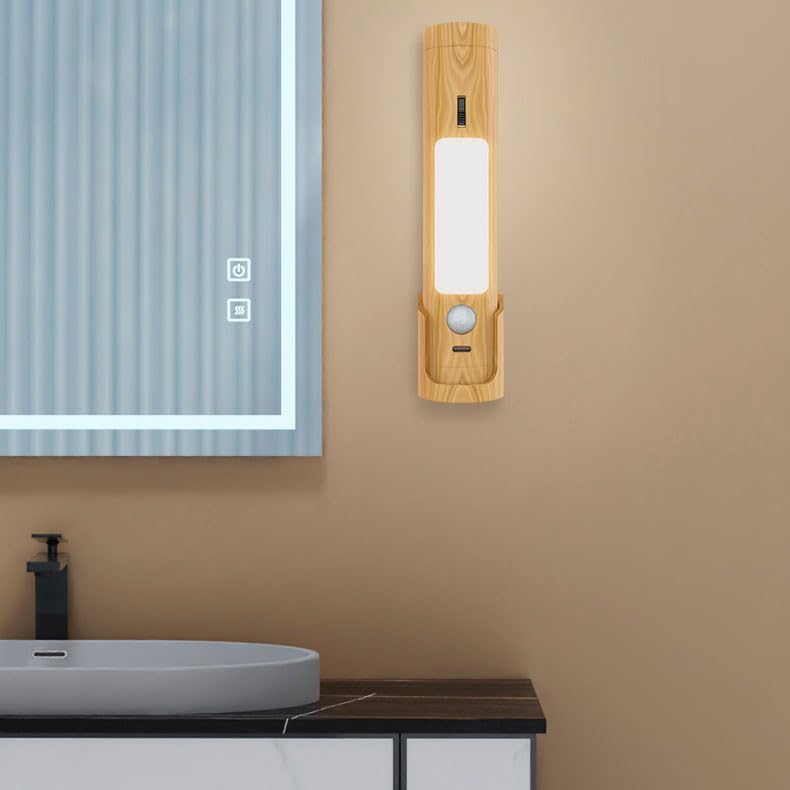 Indoor Houten Wandlamp Batterij met Bewegingssensor Wandlamp LED Snoerloos Bed Lamp Draagbare Nachtlamp Oplaadbare Traplamp Licht voor Slaapkamer, Hal,White light