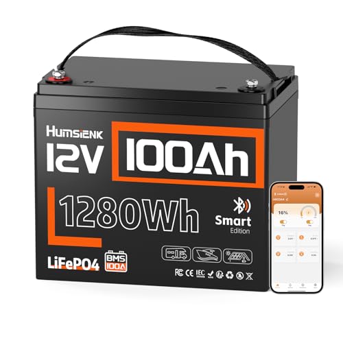 Image of HumsiENK 12V 100Ah LiFePO4 Lithium Battery (100A BMS) with Bluetooth, 15000+ Deep Cycles Battery, Group 24 & Low-Temp Protection, Max. 1280 Energy for RV, Boat, Off-Grid, Home Backup