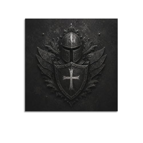 XKUGA Póster de escudo gótico con emblema teutónico monocromático oscuro y moderno, arte de pared ideal para familia, cueva de hombre, sala de juegos, dormitorio de niños y niñas, 40 x 40 cm