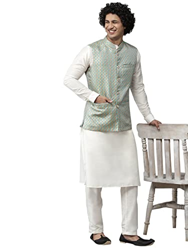 Kurta en soie pure vert mer pour homme : ensemble de pyjama d'exception - 7