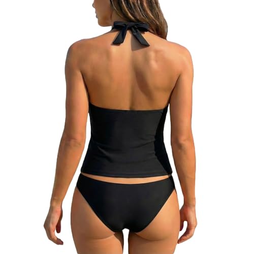 Traje de baño de Dos Piezas con Lazos: Top Triangular Ajustable y Braguita de Corte Alto con Estampado de Moda, Secado rápido y elástico en 4 direcciones. (Black, S)