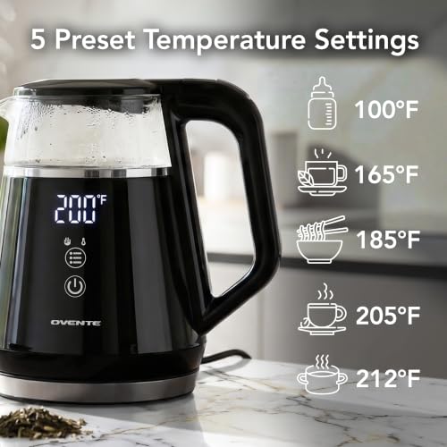 Image of OVENTE 1L Electric Kettle with Temperature Control, 1500W, Black KD95B