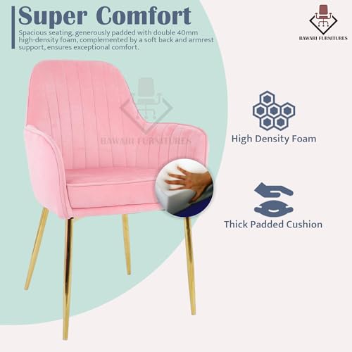 Image of Plush Dining Chair | Accent Chair for Living Room Bedroom Restuarant | Velvet Fabric & Thick Cushion Seat with Sturdy Glossy Metal Legs (Golden Legs, Baby Pink)