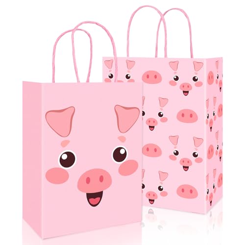 FYSUIMU 24Pcs Pig Paper Bag Pink Pig Treat Bags with Handles Farm Animal Candy Goodie Bags for Birthday Baby Shower Party Favors Supplies