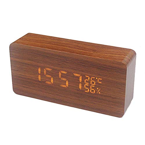 HOUTBY Digital Alarm Clock Wood Adjustable Brightness Voice Control LED Triangle Clocks Display Time Temperature Home Decor