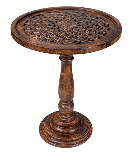 Mesa auxiliar de madera, mesa auxiliar con pilar individual, mesa pequeña, mesita de noche, mesa auxiliar, mesita de noche, mesa auxiliar de sala de estar para revistas, libros y plantas, 18 x 22