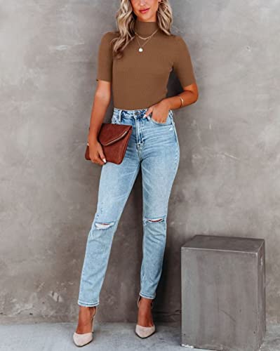 Image of Lacozy Women Casual Short Sleeve Shirt Basic Mock Neck Top Slim Fit Ribbed Knit Pullover Sweater
