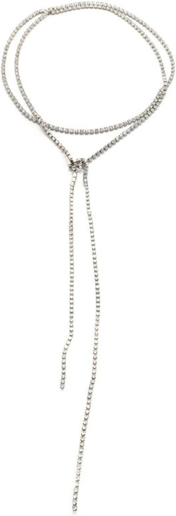 Carufin Halter Crystal Necklaces Silver Long Choker Necklace Sexy Body Chain Summer Beach Nightclub Jewelry Adjustable for Women and Girls (Silver)