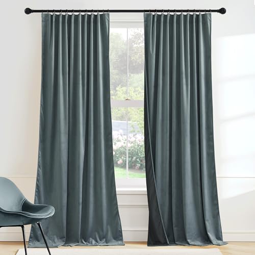 Image of RYB HOME Velvet Curtains 90 inches for Large Window, Room Divider Curtains | Thermal Insulated, Privacy UV Heat Blocking, Back Tab, Room Divider for Space Separation, W62 x L90, Dusty Blue, 2 Panels
